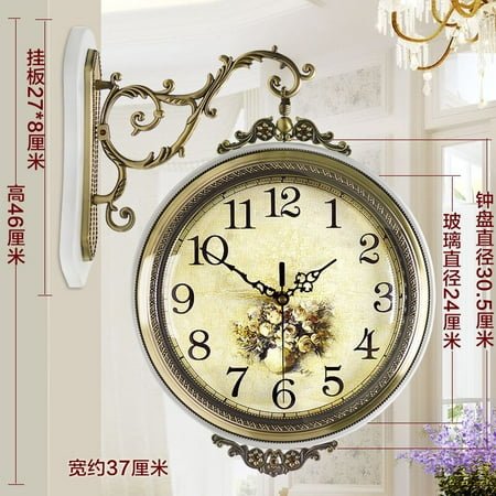 American Solid Wood Metal Double-Sided Wall Clock Mute European Living Room Two Sides Pocket Watch Creative Wall Clock Quartz Clock Large