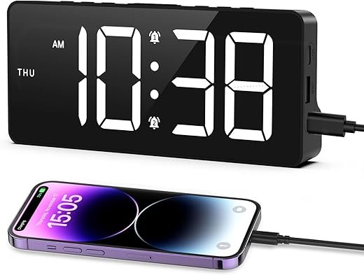 AMIR Digital Clock Large Display, LED Alarm Clock for Bedroom, USB/Battery Powered Beside Clock with Date, 12/24H, 3 Levels Volume, 4 Alarm Modes, Brightness Adjustment, DST, Night Mode Clock Kids