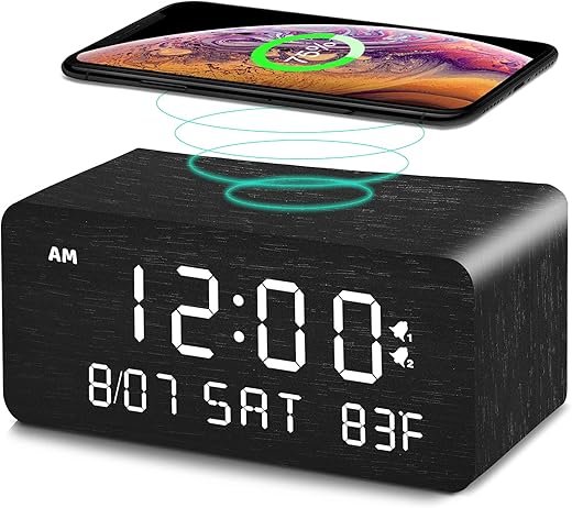 Andoolex Wooden Digital Alarm Clock with Wireless Charging, 0-100% Adjustable Brightness Dimmer and Alarm Volume, Weekday/Weekend Mode, Dual Alarm, Snooze, 12/24H, Wood LED Clock for Bedroom (Black)