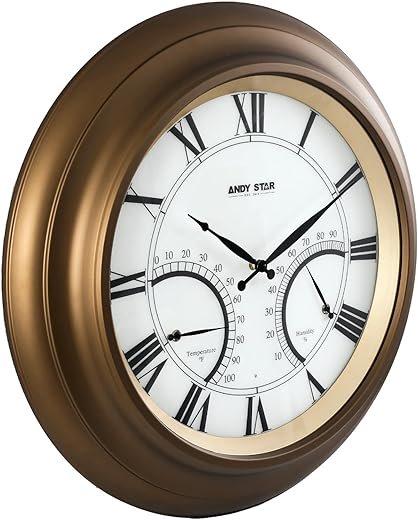 ANDY STAR 24 Inch Outdoor Clocks Waterproof,Large Outdoor Wall Clocks for Patio with Thermometer Combo, Silent Weatherproof Illuminated Metal Clock Battery Operated with Thermometer&Hygrometer, Bronze