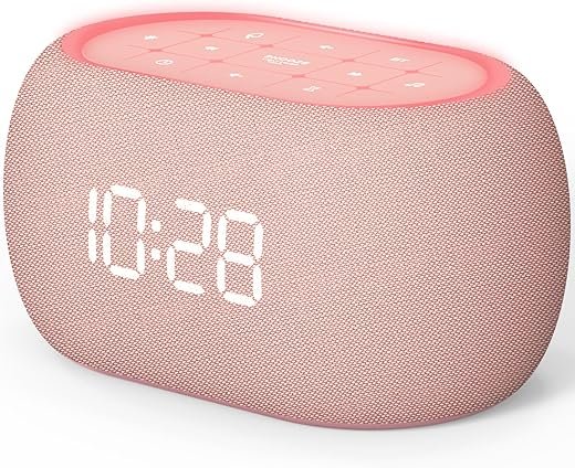 ANJANK White Noise Sound Machine Alarm Clock with Bluetooth Speaker, Hi-Fi Stereo Sound, 21 Soothing Sounds/7 Night Lights, 0-100% Dimmer/Sleep Timer, Soother for Teens Kids Girls, Bedroom, Pink