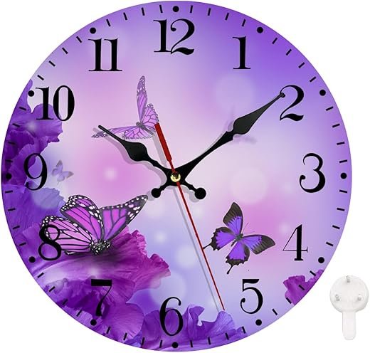 Ansouyi Round Wall Clock Battery Operated Clocks Wallclock 10 Inch,Purple Flower and Butterfly Silent Non Ticking Wall Clock for Living Room,Kitchen,Home,Bathroom,Bedroom,Office or School