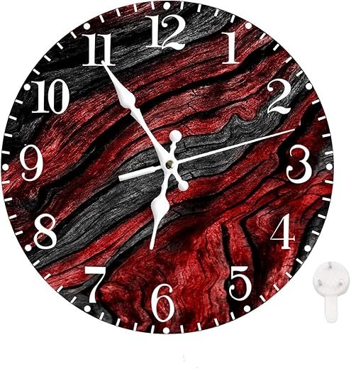 Ansouyi Round Wall Clock Battery Operated Clocks Wallclock 10 Inch,Red and Black Abstract Waves Geometric Silent Non Ticking Wall Clock for Living Room,Kitchen,Home,Bathroom,Bedroom,Office or School