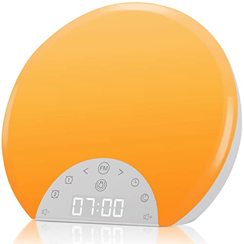 ANTDALIS Sunrise Alarm Clock Wake Up Light for Kids, Adults, Heavy Sleepers with Dual Alarms, Snooze, Sleep Aid with 7 Nature Sounds for Bedrooms with 8 Colors Night Light, FM Radio, Gift Ideas