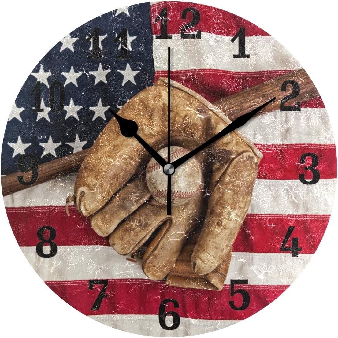 AUUXVA Wall Clock Vintage Ball Baseball American Flag, Silent Non Ticking Clock for Kitchen Living Room Bedroom Home Artwork Gift