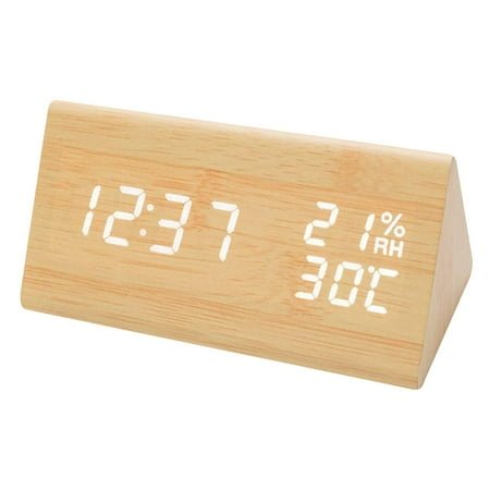 Bamboo Wooden Alarm Clock, Smart LED Digital Clock for Bedroom/Desk with Time, Temperature, Adjustable Brightness, Voice Control, and Humidity Display - Upgraded Design