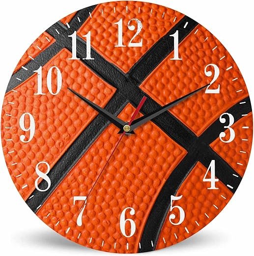 Basketball Closeup Wall Clock Orange Ball Leather Texture 10 Inch Silent Non Ticking Battery Operated Clock Vintage Round Clock for Living Room Bedroom Bathroom Office Decor