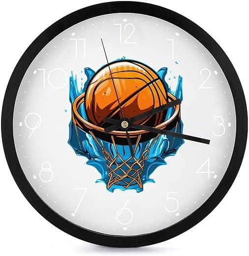 Basketball Hoop Sports Basketball Wall Clock Silent Non-Ticking Modern Wall Clock Round Wall Clock Decor Clock for Living Room Kitchen White-Style