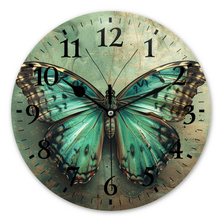 Battery Operated Analog Clock Non-Ticking Silent Modern Wall Clocks Decor Clocks for Bathroom,Office,Kitchen-Turquoise Butterfly With Brown Wings On Aged Background(12inch)