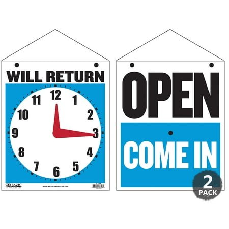 BAZIC 7.5x9, Will Return Clock Sign w/ Open Sign On Back, Double Sides, 2-Packs