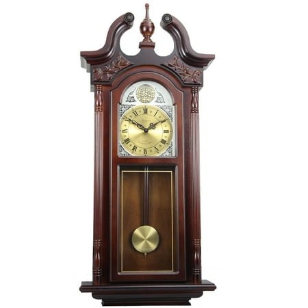 Bedford Clock Collection 38 Grand Antique Chiming Wall Clock with Roman Numerals in a in a Cherry Oak Finish