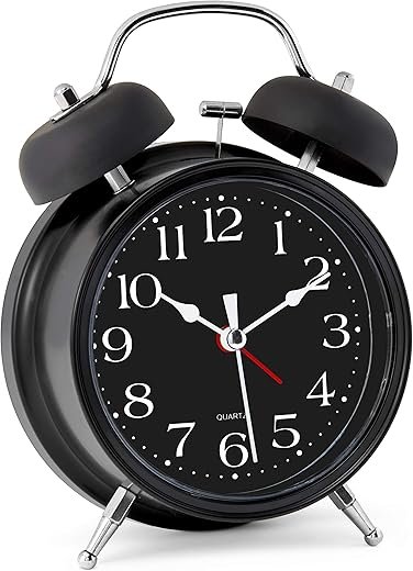 Bernhard Products Analog Alarm Clock 4" Twin Bell Black Silent Non-Ticking Quartz Battery Operated Extra Loud with Backlight for Bedside Desk, Retro (Classic Black)