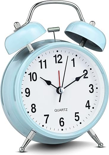 Bernhard Products Analog Alarm Clock 4" Twin Bell Light Blue Silent Non-Ticking Quartz Battery Operated Extra Loud with Backlight for Bedside Desk, Retro (Light Blue)