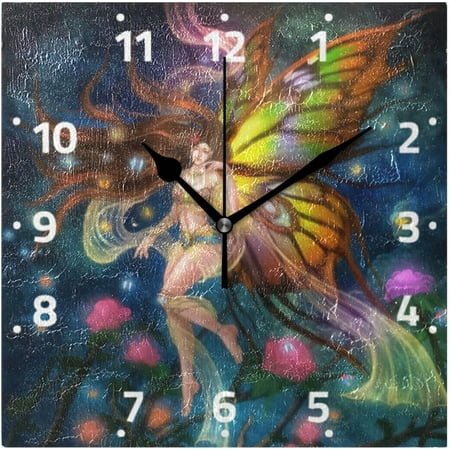 BESTKITTY Butterfly Fairy Fantastic Style Wall Clock Square Silent Non-Ticking [Battery Operated] Easy to Read Clocks for Home Kitchen Office Classroom Living Room Bedroom