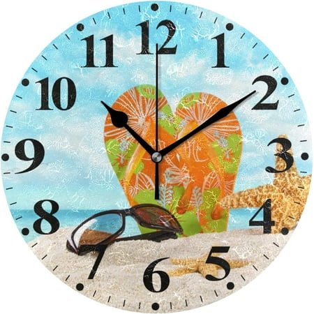 BESTKITTY Flip Flops Starfish Beach Printed Round Wall Clock 9.8 Inch Battery Operated Decor Clock for Living Room