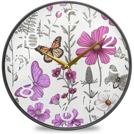 BESTKITTY Flower Butterfly Wall Clock 10 Inch Silent Non Ticking Round Clock, Easy to Read Clock for Living Room Bedroom Bathroom Home Decor