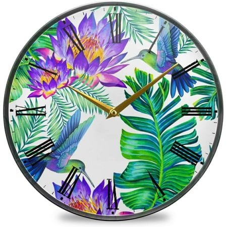 BESTKITTY Humming Bird Tropical Leaves Wall Clock Silent Non-Ticking Battery Operated Acrylic Painted Vintage Roman Numerals Clocks 11.9 Inch for Home Kitchen Livingroom Office Classroom