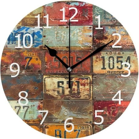 BESTKITTY Rusty License Plates Acrylic Painted Silent Non-Ticking Round Wall Clock for Garage Basement Restaurant Workshop Wall