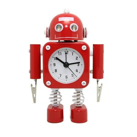 Betus Non-Ticking Robot Alarm Clock Stainless Metal - Wake-up Clock with Flashing Eye Lights and Hand Clip (Ruby Red)