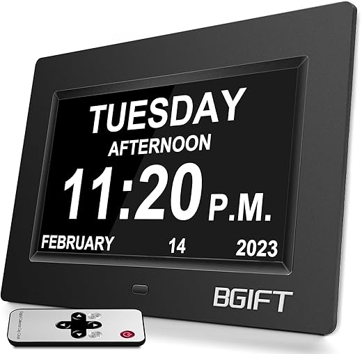 Bgift Digtal Clock with Day and Date for Seniors, Large LCD Time Display, Auto Dimmable, 12 Alarm Settings - Best for The Elderly