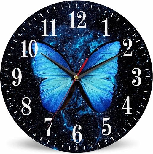 Blue Butterfly Wall Clock Big Wing Btterfly Flying Across The Starry Sky 10 Inch Silent Non Ticking Battery Operated Clock Vintage Round Clock for Living Room Bedroom Bathroom Office Decor