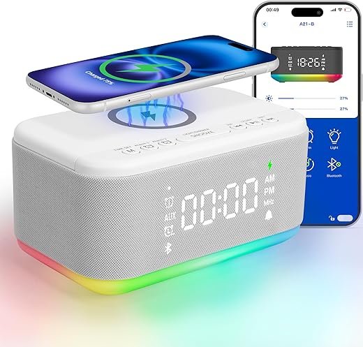 Bluetooth Alarm Clock Radio Bedroom, Digital Dual Alarm Clock Bedroom, Up to 10 Alarms Clock Night Light Speaker App/Button Control FM Charge Snooze Adjustable Volume Dim 12/24H, White