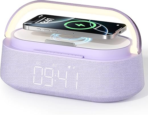 Bluetooth Speaker with Wireless Charger, Clock, Dimmer Night Light, FM Radio, Phone Holder, Fast Wireless Charging for iPhone Airpods, Alarm Clocks for bedrooms Home Decoration, Office, Gift