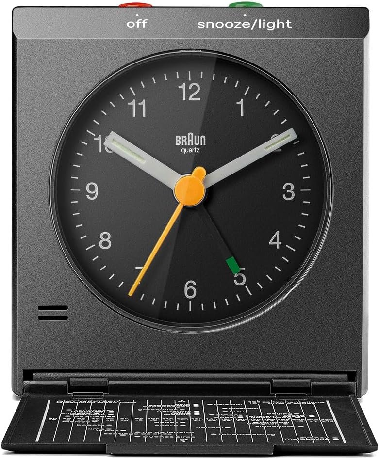 Braun Classic Analogue Travel Alarm Clock with Snooze and Light with Folding Map Lid, White, BC05W