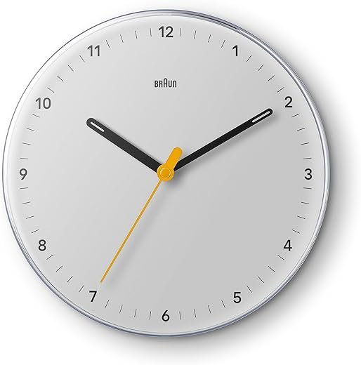 Braun Classic Analogue Wall Clock with Silent Sweeping Quartz Movement, Easy to Read, 23cm Diameter in White, Model BC26W.