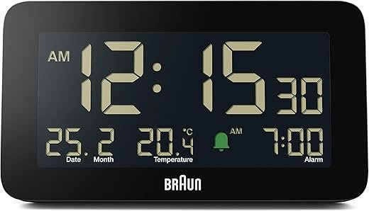 Braun Digital Alarm Clock with Date, Month and Temperature Displayed, Negative LCD Display, Quick Set, Crescendo Beep Alarm in Black, Model BC10B (1-Pack)