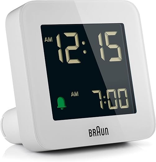 Braun Digital Alarm Clock with Snooze, Negative LCD Display, Quick Set, Crescendo Beep Alarm in White, Model BC09W.