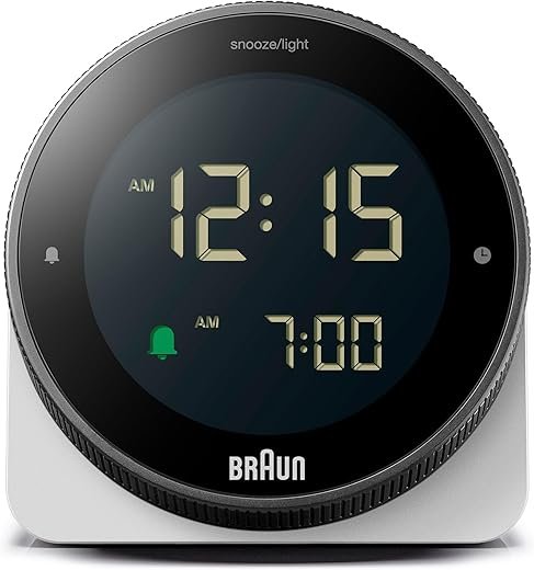 Braun Digital Alarm Clock with Snooze, Negative LCD Display, Rotating Bezel for Quick time Setting, Crescendo Beep Alarm in White, Model BC24W.