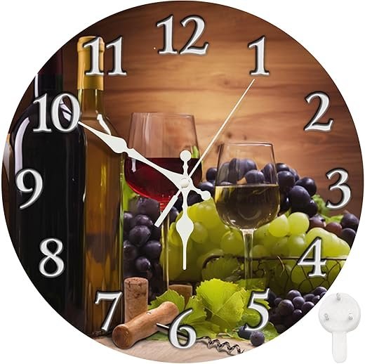 Britimes Round Wall Clock Silent Non-Ticking Battery Operated Clock 10 Inch, Glasses Red White Wine Grapes Home Decor for Living Room, Kitchen, Bedroom, and Office