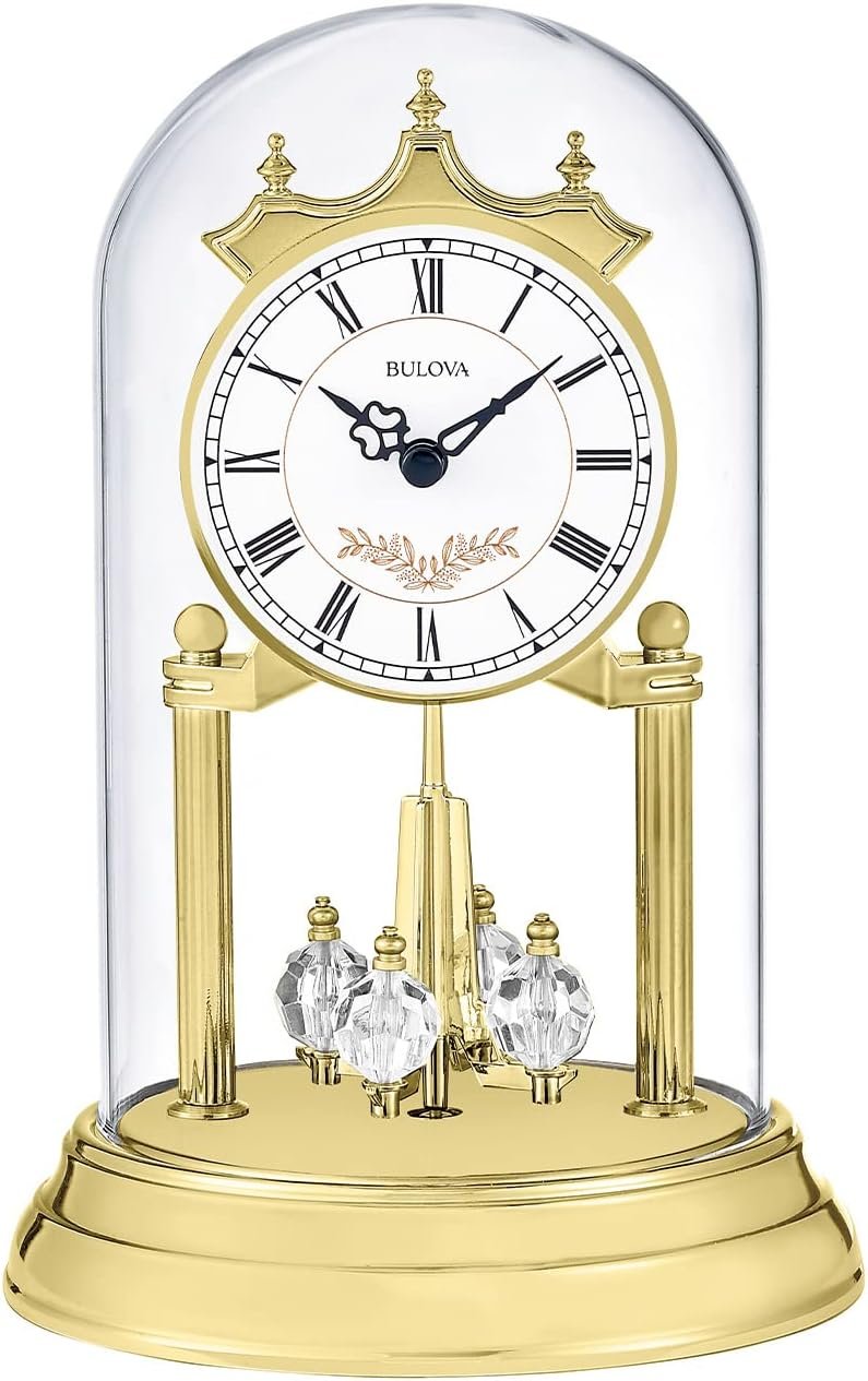 Bulova B8821 Heather Anniversary Clock | 9" Glass Dome Design | Rotating Crystal Pendulum | Westminster Chime | Engraving Plate