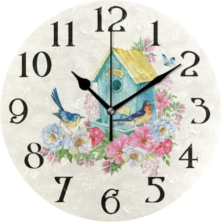 Butterfly Clocks Bird House Wall Clock Birds Clock for Bathroom Garden Clocks Battery Operated Kitchen Clocks Wall Decorative 9.5 in Non Ticking Round Quartz Analog Clock