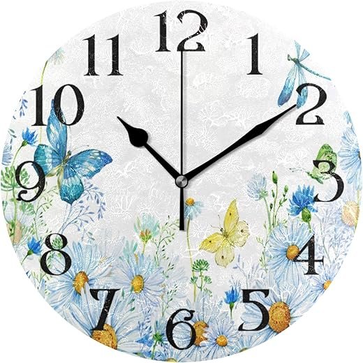 Butterfly Wall Clock Butterflies Clock Wall Decor Battery Operated Floral Clocks Daisies Wall Clock with Butterflies 9.5 in Non Ticking Quartz Analog Bathroom Clock