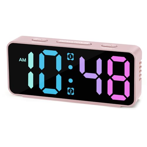 Cadmos Cute Small Alarm Clock for Bedroom,RGB Rainbow Display,Adjustable Loud Volume,Snooze,Plug in Simple Digital Bedside Kawaii Clock for Heavy Sleepers,Kids,Girls