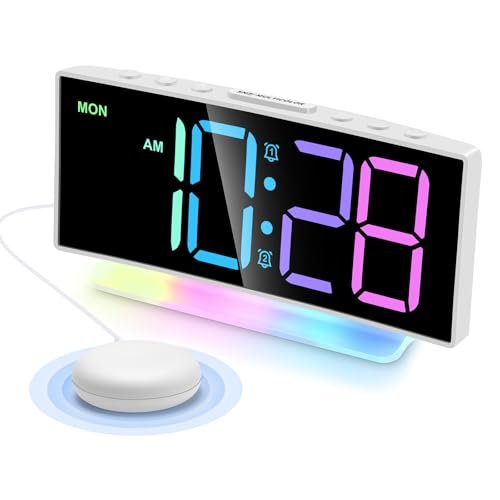 Cadmos Extra Loud Vibrating Alarm Clock with Bed Shaker for Heavy Sleepers Adult,Dual Alarm Clock with USB Charger for Hearing-impaired Deaf,Large RGB Display,7 Color Night Light(White)