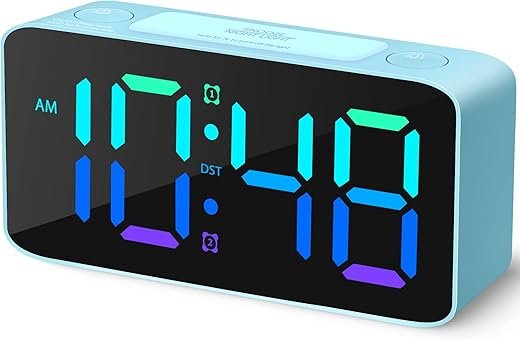 Cadmos Loud Alarm Clock for Heavy Sleepers Adults,Digital Clock with 7 Color NightLight,Adjustable Volume,USB Charger,Small Clocks for Bedrooms Bedside,ok to Wake for Kids,Teens (Blue+RGB)