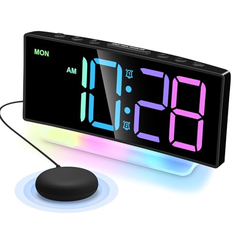 Cadmos Super Loud Alarm Clocks with Bed Shaker,Vibrating Alarm Clock for Heavy Sleepers,Hearing Impaired Deaf,Adults,Teens,Bedside Clock for Bedrooms with Large Digital Display,RGB Night Light (Black)