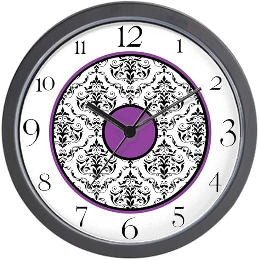 CafePress Purple Black White Damask Elegant Clock 10 Wall Clock for Livingroom, Kitchen, or Office