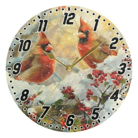 Cardinals Bird on Garden Fence Round Wall Clock Battery Operated Silent Non-Ticking Bedroom Office Kitchen Home School Decor 10(Gold)