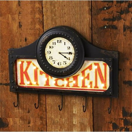 Cast Iron Kitchen Wall Clock with Hooks & LED Lights - Vintage Country Decor