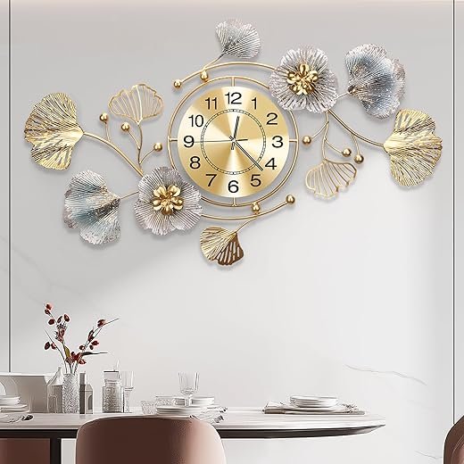 Clocks for Living Room, Large Wall Clock, 3D Silent Wall Clock, Retro Metal Ginkgo Leaf Design, for Bedroom Kitchen Decorative Wall Clocks（35''x20'' ）