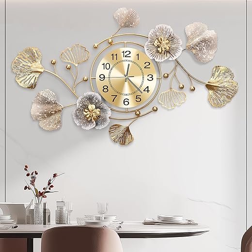 Clocks for Living Room, Large Wall Clock, 3D Silent Wall Clock, Retro Metal Ginkgo Leaf Design, for Bedroom Kitchen Decorative Wall Clocks（32''x18'' ）