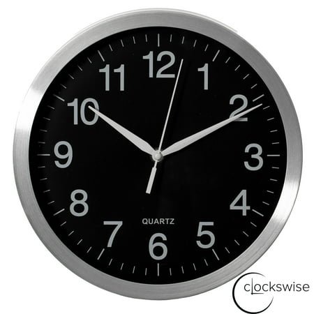 Clockswise 10-in Round Quartz Wall Clock Non-Ticking Battery Operated with Silent Sweep Movement, Aluminum Silver Frame, Perfect for Home Kitchen Office Living Room Study Hallway Classroom, Black Face