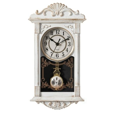 Clockswise Vintage Grandfather Wood-Looking Plastic Pendulum Decorative Battery-Operated Wall Clock Brown, for Office, Home Decor, Living Room, Kitchen, or Dining Room, White