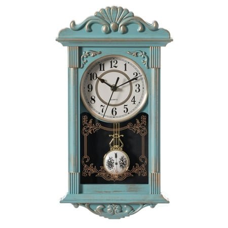 Clockswise Vintage Grandfather Wood-Looking Plastic Pendulum Decorative Battery-Operated Wall Clock, for Office, Home Decor, Living Room, Kitchen, or Dining Room, Blue with Gold Distressed Design