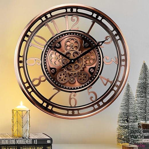 CLXEAST Moving Gear Wall Clock for Modern Farmhouse Living Room Decor,Large Industrial Steampunk Wall Clock,Metal Wall Clock Decorative for Home Office, Dinning Room,Copper (21 Inch)