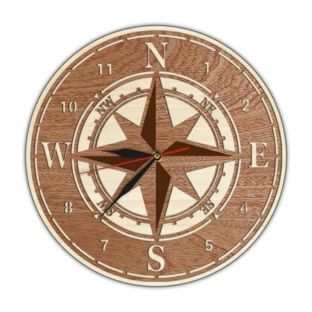 Compass Wind Rose Dual Layers Wooden Wall Clock for Living Room Nautical Navigation Home Decor Clock Marine Direction Wall Watch (15 inch)